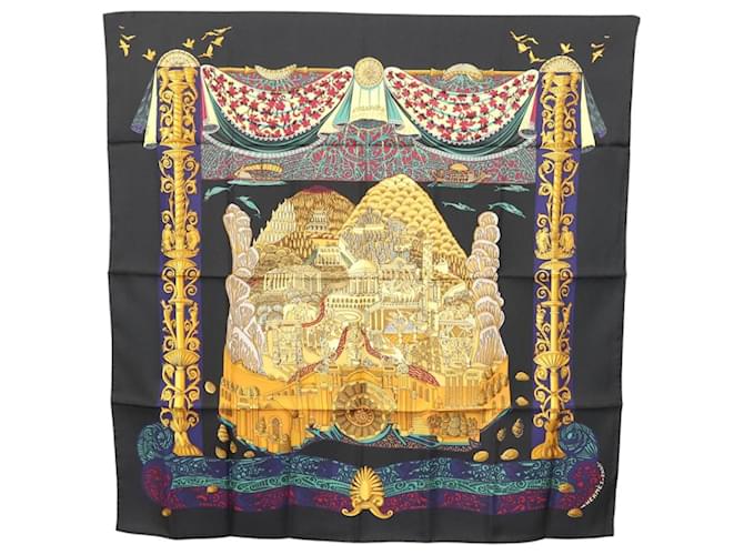 Hermès Foulard HERMES Carré 90 ""L ATLANTIDE"" Soie Noir Auth am8297  ref.2248913