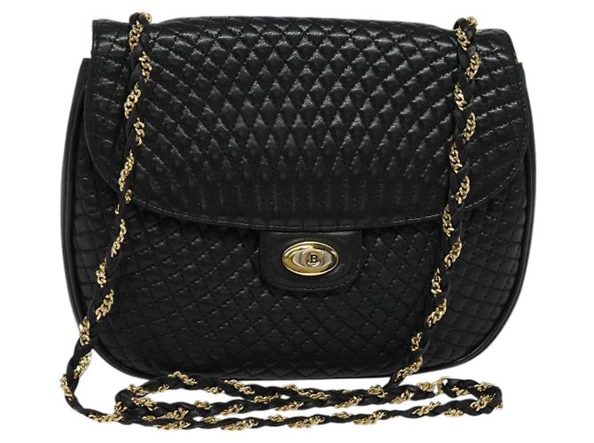 BALLY Bolsa de ombro de couro matelassada com corrente preta dourada Auth BD2017 Preto Dourado