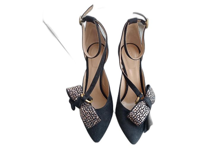 Chloé Black Leather Pumps with Rhinestone Bows