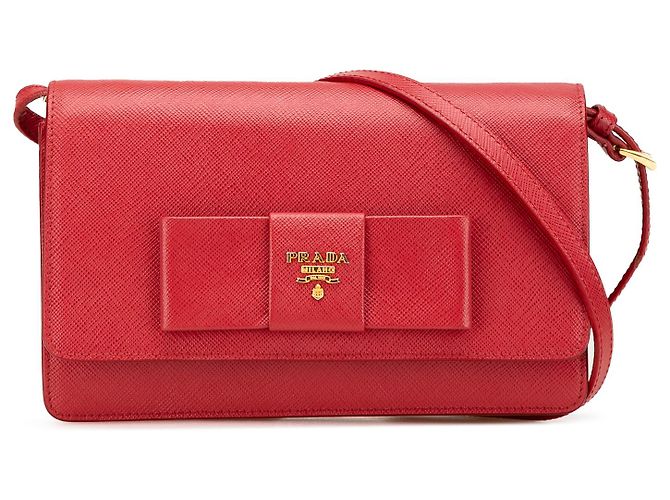 Prada Red Saffiano Lux Bow Wallet On Strap