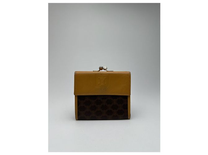 Céline Vintage Celine Paris Monogram Leather Wallet Brown Yellow