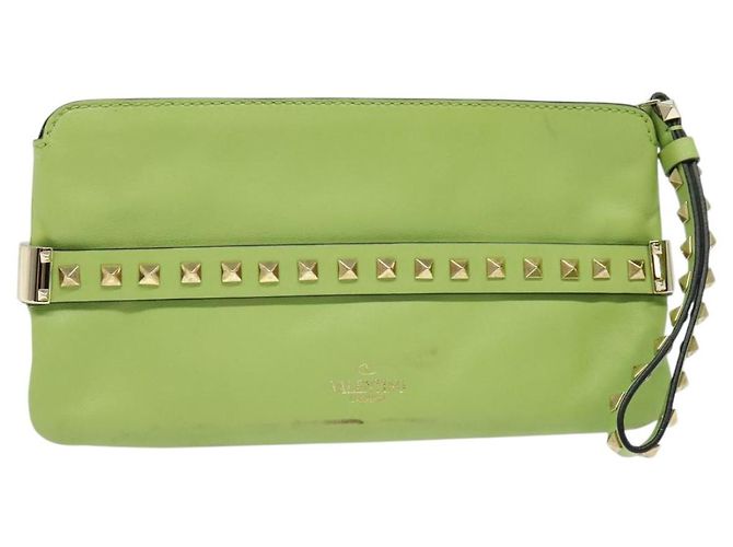 VALENTINO Borsa Clutch con Borchie in Pelle Oro Verde Chiaro Auth BA2541 D'oro