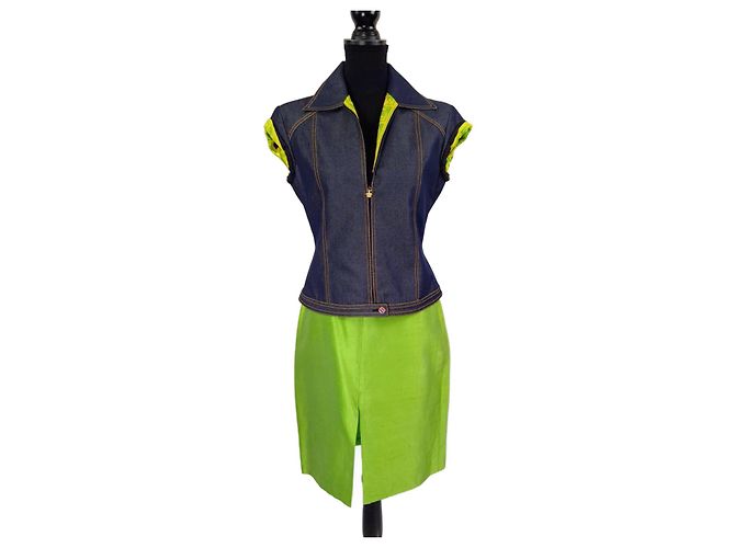 Conjunto de colete e saia de seda Gianni Versace Couture Azul Verde
