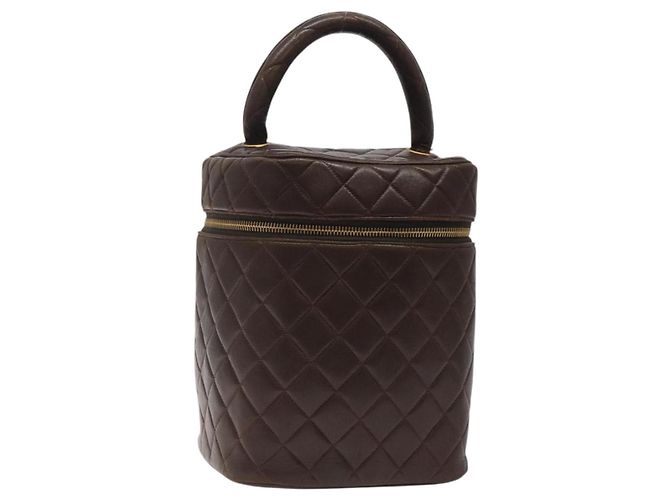 CHANEL Matelassé COCO Marca Vanity Pouch Piel de Cordero Marrón Oscuro CC Auth 123070
