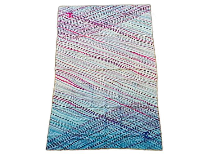CHANEL Pareo de Algodão e Cashmere – Coleção Pré-Outono Rosa Branco Azul Fuschia