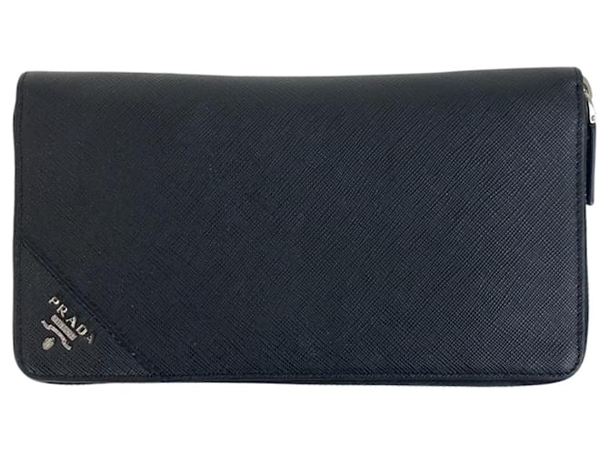Prada Saffiano Triangle Logo Plate Long Wallet Black Leather  ref.2253524