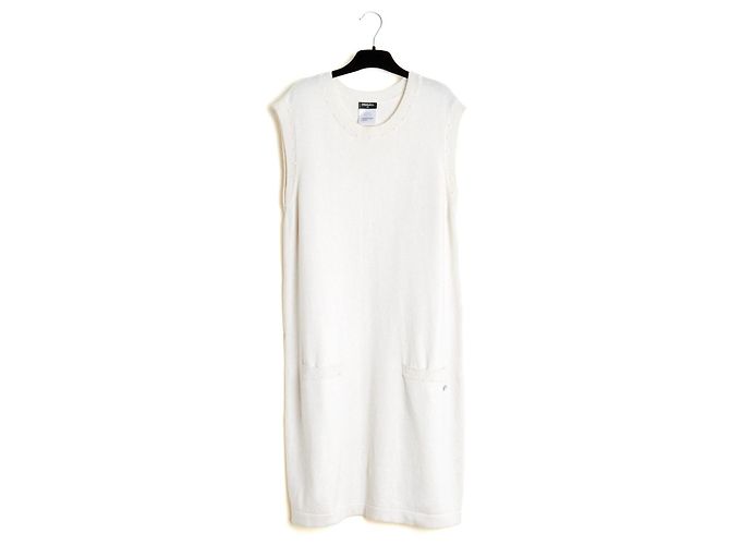 Chanel 2015 Vestido de Cachemira FR44 Ecru com Pérolas UK16 US14
