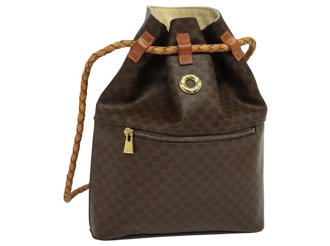 Céline CELINE Macadam Canvas Backpack PVC Leather Brown Gold Auth 124859 Golden
