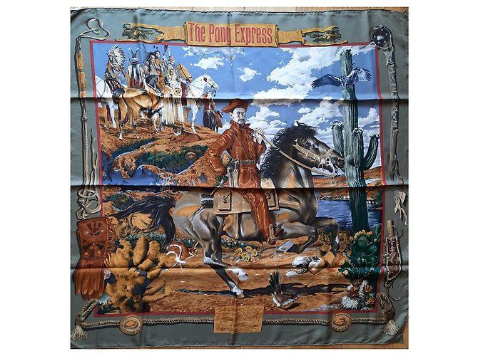 Lenço Hermès intitulado 'Pony Express' por Olivier Kermit - 1993 Multicor