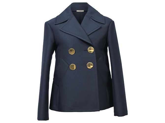 Céline  Celine Double-Breasted Peacoat in Navy Blue Polyester