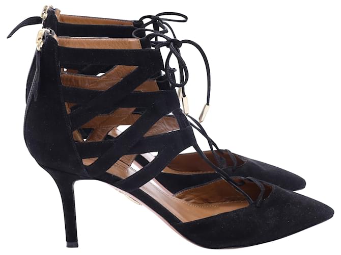 Aquazzura Belgravia Lace Up Pointed Toe Pumps in Black Suede   ref.2263655