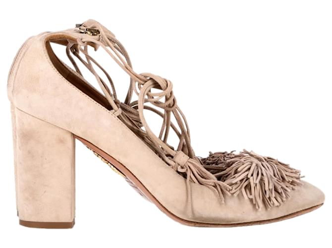  Aquazzura Tassel Fringed Block Heel Pumps in Nude Suede Brown Flesh  ref.2265603