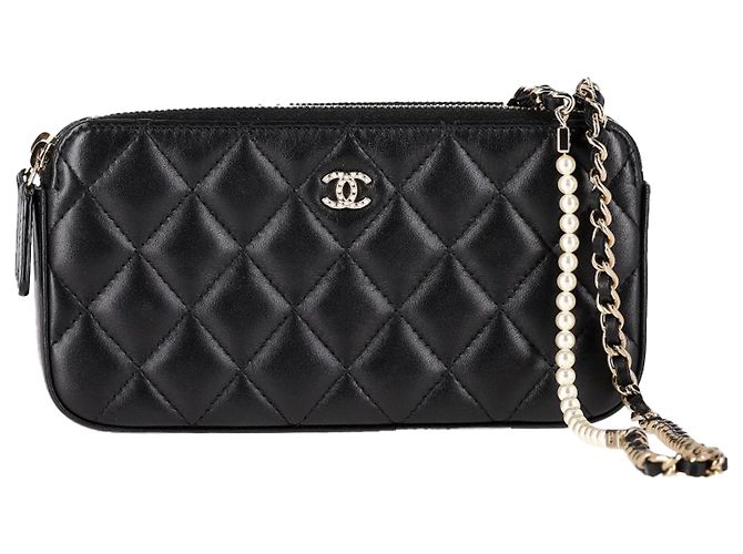 Chanel Double Zip Wallet on Chain in Black Quilted Leather