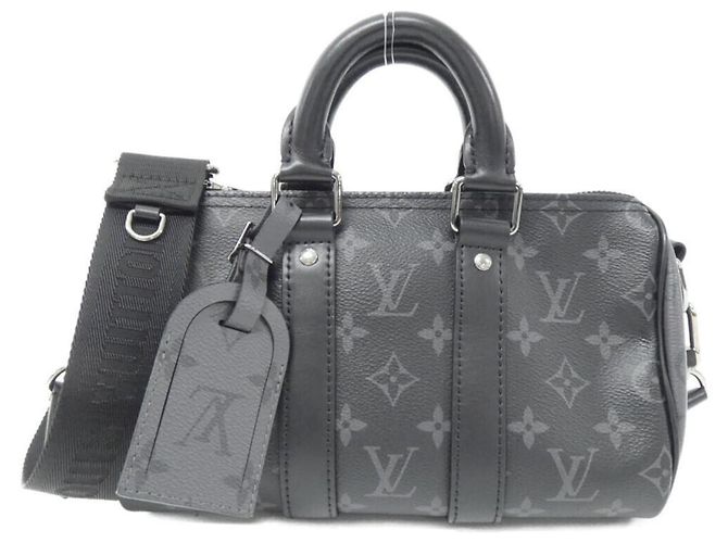 Louis Vuitton Monogram Eclipse Keepall Bandouliere 25cm Boston Bag Black Grey