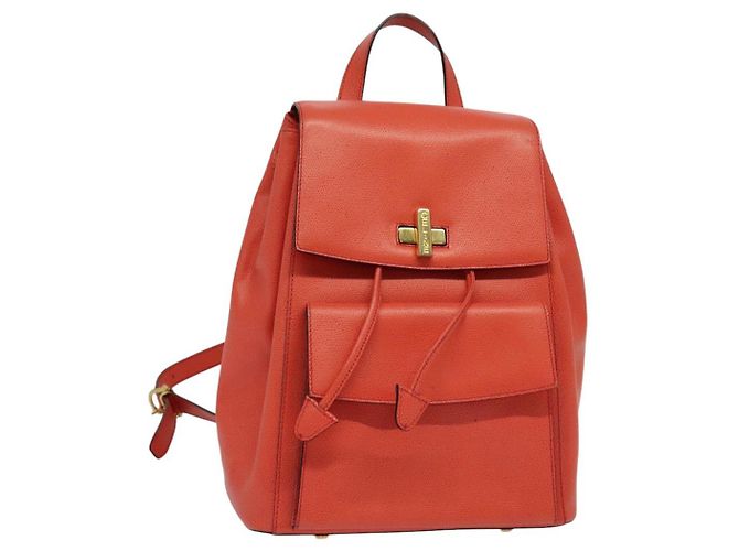 Céline Mochila de couro laranja dourado Auth BD2079