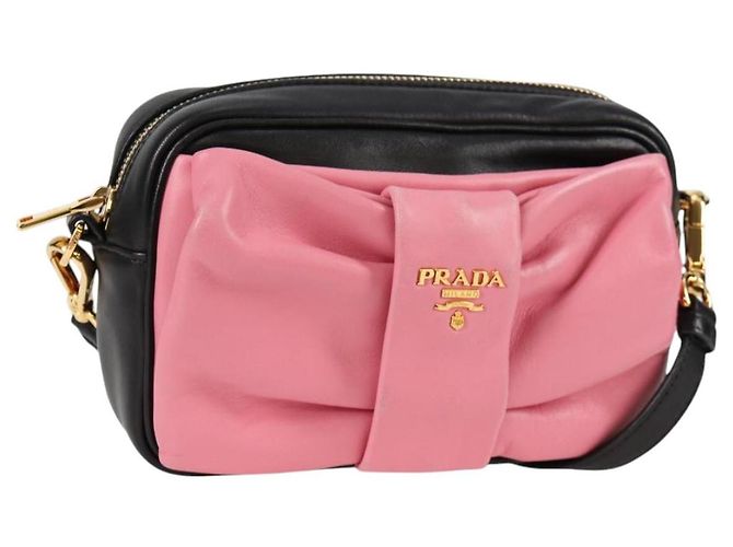 Ribbon PRADA Borsa a Spalla in Pelle Nera e Oro Auth BD2127V Nero D'oro