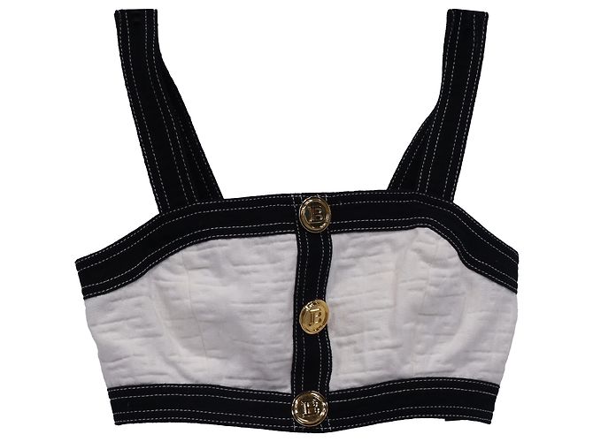 Top recortado de jacquard blanco de algodón adornado de Balmain Multicolor