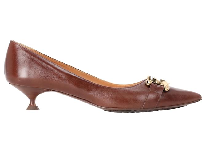  Tod's Kate Chain-Embellished Kitten Heel Pumps in Brown Leather Red  ref.2269923