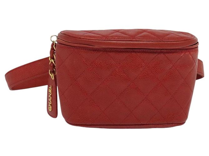 CHANEL Matelasse Waist bag Caviar Skin Red Gold CC Auth BD2190 Golden