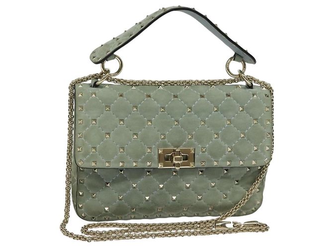 VALENTINO Studs Chain Shoulder Bag Suede Light Blue Silver Auth 123555 Silvery
