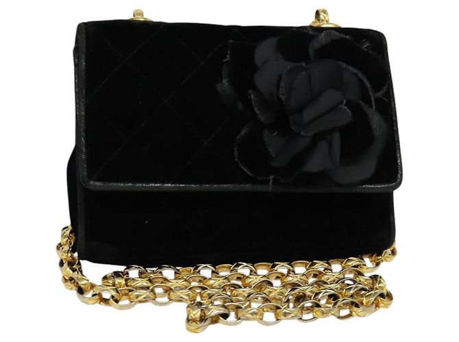 CHANEL Matelassé Camelia Borsa a Spalla con Catena Velluto Nero Oro CC Auth bs26015 D'oro