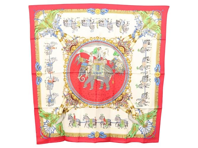 Hermès HERMES Carré 90 Écharpe "CAPARACONS DE LA FRANCE ET DE L'INDE" Soie Auth 124561 Rouge  ref.2273042
