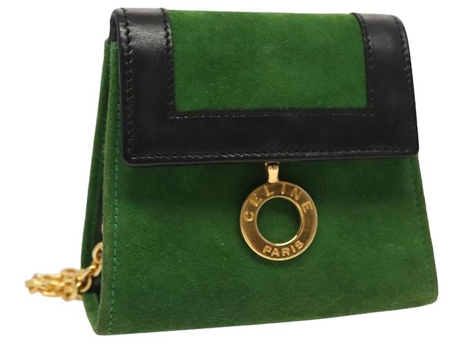 Céline Pochette à chaîne CELINE en cuir suédé vert or Auth BD2160 Doré