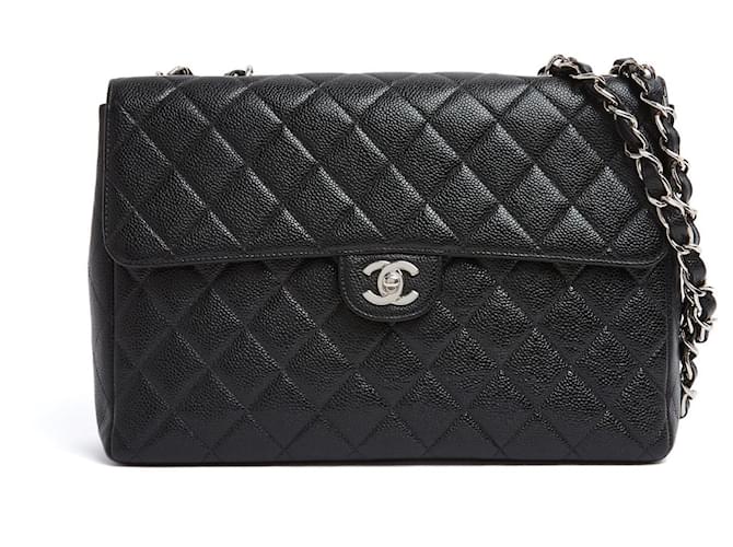 Chanel 2005 Grand Sac Classique CC Black Silver Timeless Classic Maxi Bag Leather  ref.2274869