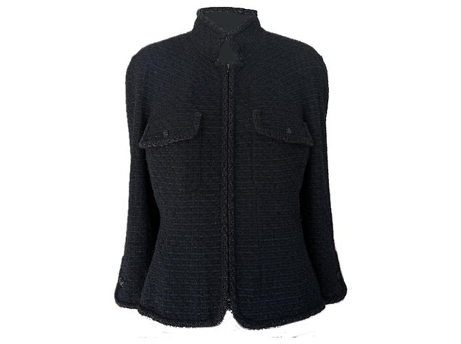 Chanel Jaqueta de tweed preto minimalista escultural 44 FR