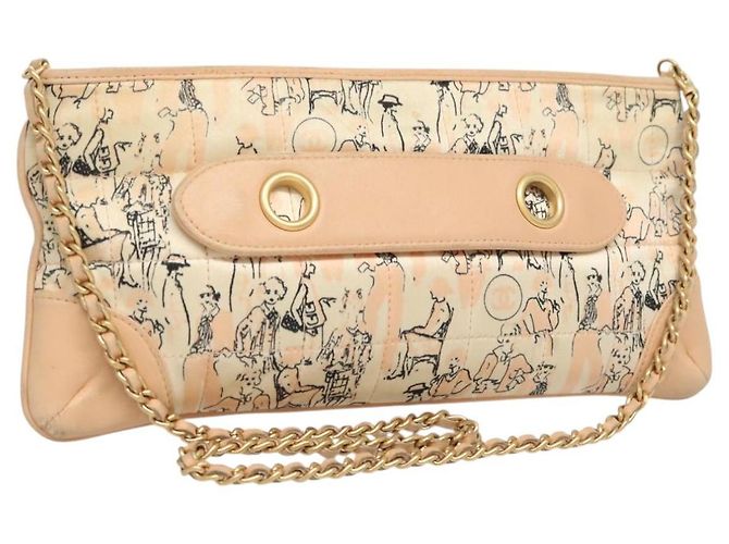 CHANEL Accessory Pouch Silk Beige Gold CC Auth 125970 Golden