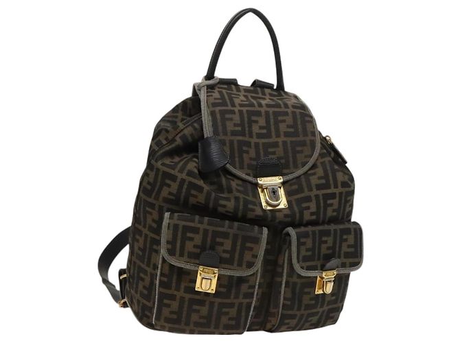 FENDI Zucca Canvas Backpack Black Brown gold Auth 123804 Golden