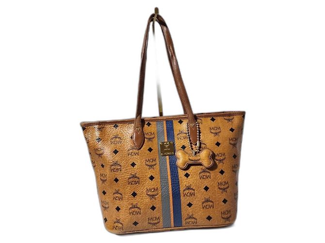 MCM Visetos Striped Shopper Tote Bag Cognac Brown