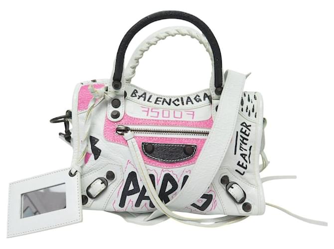 NEW BALENCIAGA CITY GRAFFITI MINI 300295 SHOULDER BAG White Leather  ref.2278391