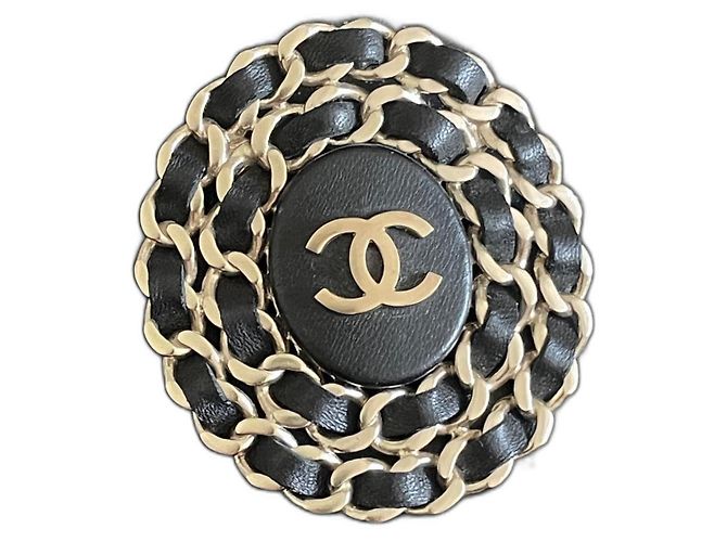 Spilla Maxi Chanel in pelle nera e metallo argentato Nero Argento