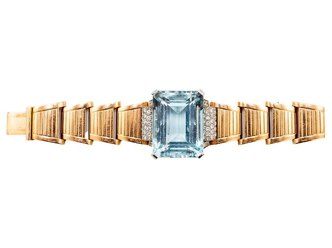 Autre Marque Bracciale retrò in oro 18k con acquamarina e diamanti - anni '40 Multicolore