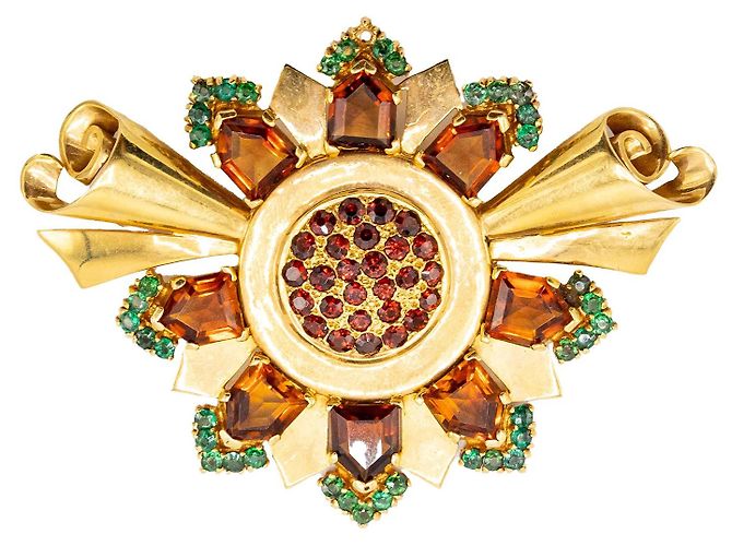 Autre Marque Retro Sunburst Brooch in Gold with Garnet and Emerald Accents ' 60s Golden