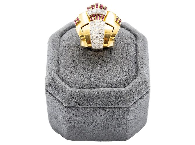 Autre Marque Anello cocktail retrò in oro 18K con diamanti e rubini Multicolore
