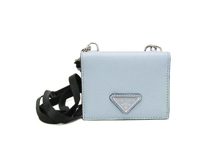 Tarjetero Saffiano de Prada con correa para el cuello Azul