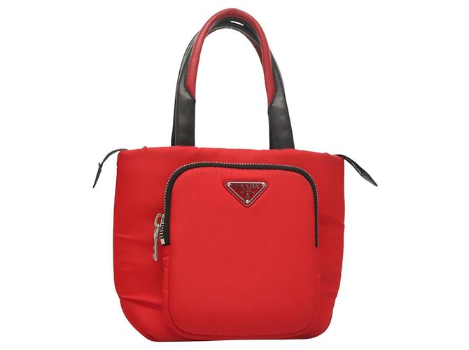 PRADA Borsa a mano in nylon rosso argento Auth 123522V