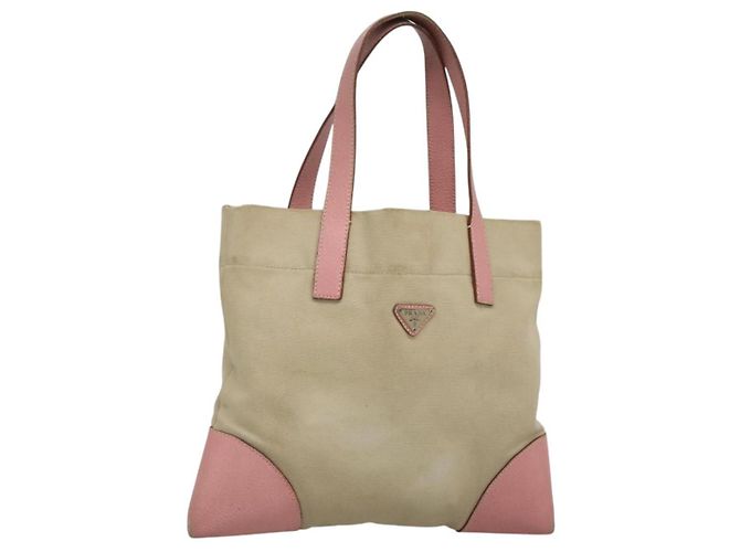 PRADA Tote Bag aus Canvas Beige Silber Authentisch 126135