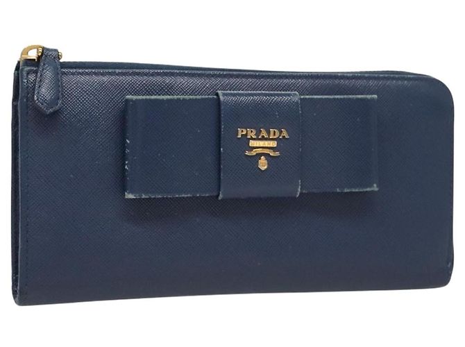Saffiano PRADA Cartera Larga de Cuero Safiano Azul Auth 121255