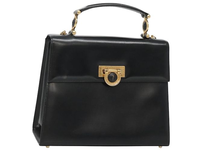 Borsa a mano in pelle nera e oro Gianni Versace Auth bs26704 Nero D'oro