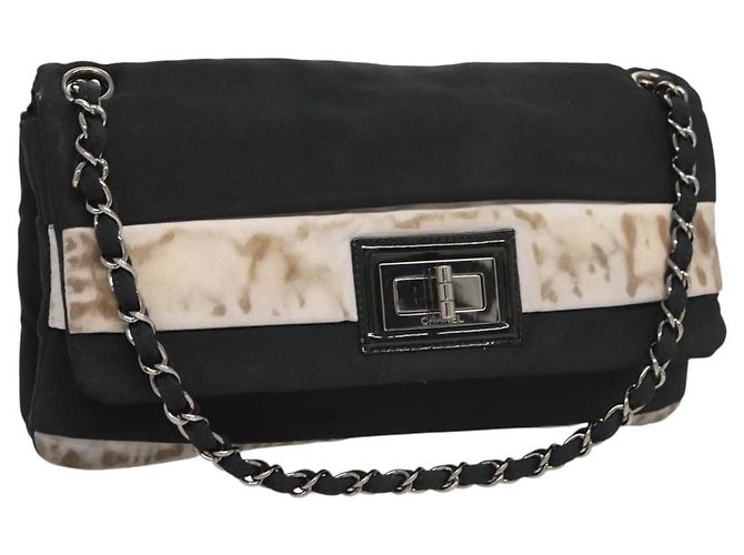 Borsa a spalla con catena CHANEL in nylon nero argento CC Auth 125969