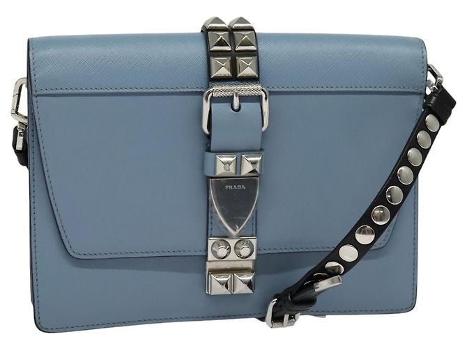 PRADA Bolsa de Ombro de Couro Azul Claro Prata Auth 118618