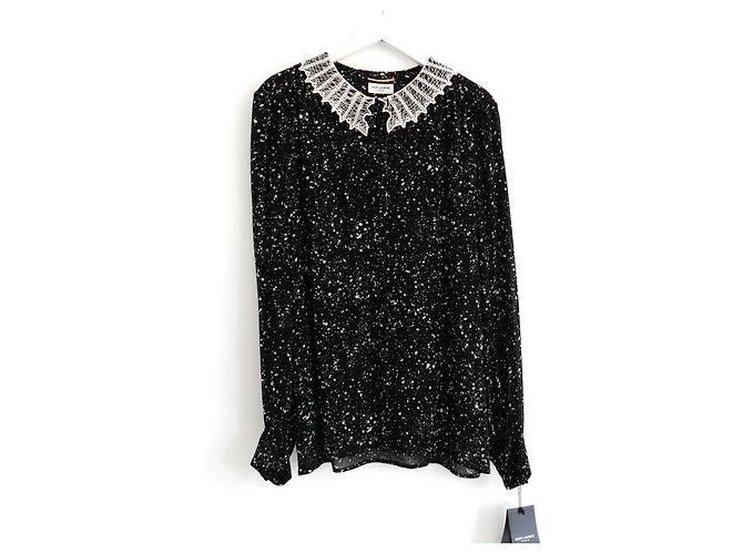 Blouse à col en dentelle imprimé étoile Saint Laurent Pré-Automne 2015 Noir
