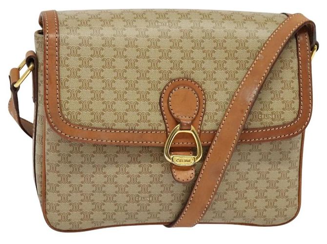 Céline Bolso de Hombro de Lona Macadam CELINE Beige Dorado Auth 124879