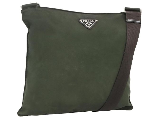 PRADA Schultertasche Nylon Khaki Silber Authentisch bs26349