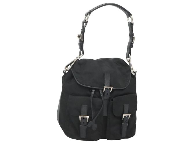 PRADA Schultertasche Nylon Schwarz Silber Authentisch 125573