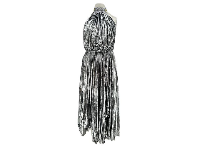Vestido longo de seda prateada com gola halter Céline Prata