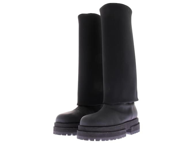 Autre Marque Bottes en cuir noir et tige néoprène Black Leather  ref.2288407